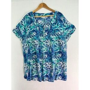 Kim Rogers Womens Plus Size 3X Floral Tunic Top Short Sleeve Henley Neckline